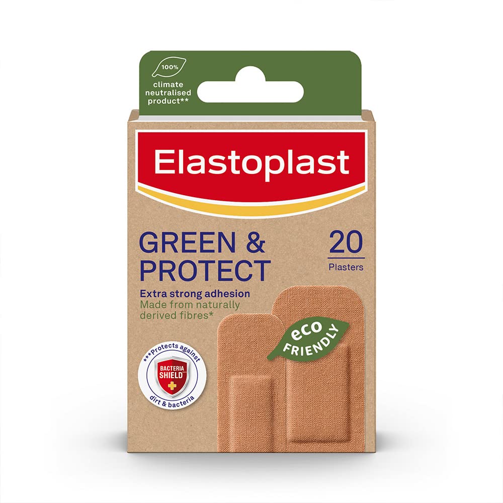 Elastoplast Green & Protect Sustainable Everyday Plasters (20 Plasters), Painless Removal, Soft and Breathable Natural Fabric Plasters, Water-Repellent, Eco-Friendly, Tan
