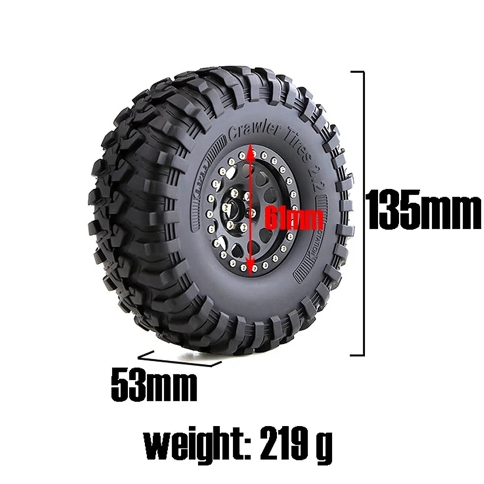 RC Car Pneumatico Ruota Compatibile con Axial SCX10 per Wraith per Capra per Traxxas TRX4 D90 1/10 RC Crawler Car 4 Pezzi 135 Mm Metallo 2.2 Beadlock Cerchione Pneumatico Set(Black)