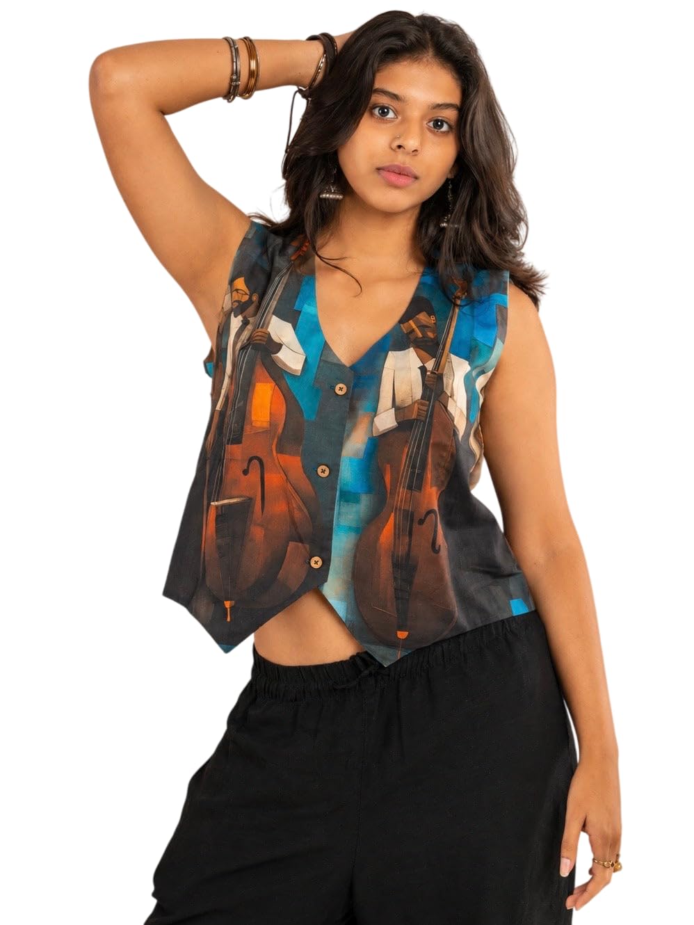 Midnight Concert 100% Cotton Vest for Women | Classic V-Neck Front Button Closure Sleeveless Tailored Cut Structured Silhouette Pointed Hem Vintage Waistcoat-image-32