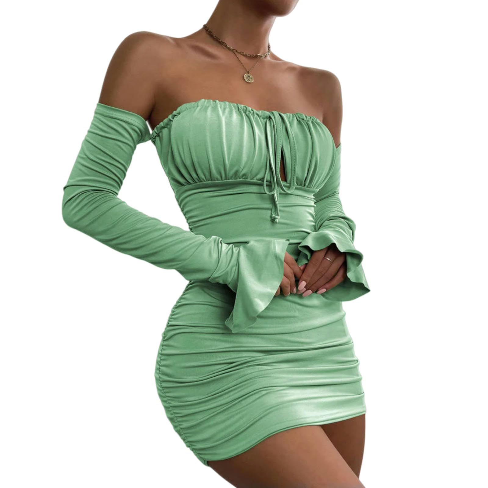 Vestito Manica Lunga Ruffle Bodycon Abito, Slim Fit Mini Outfit per Le Donne Club & Festa Serale-Green-m