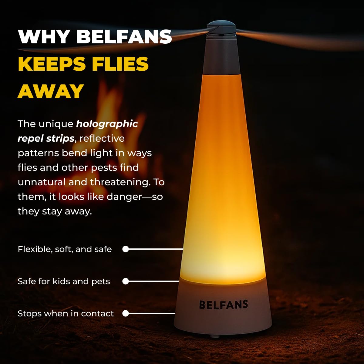 Belfans FlyRepell- Ventilador para mesas, alimentado por USB/recargable, matamoscas sin sonido con cuchillas holográficas, ventilador portátil para abejas, avispas y uso al aire libre