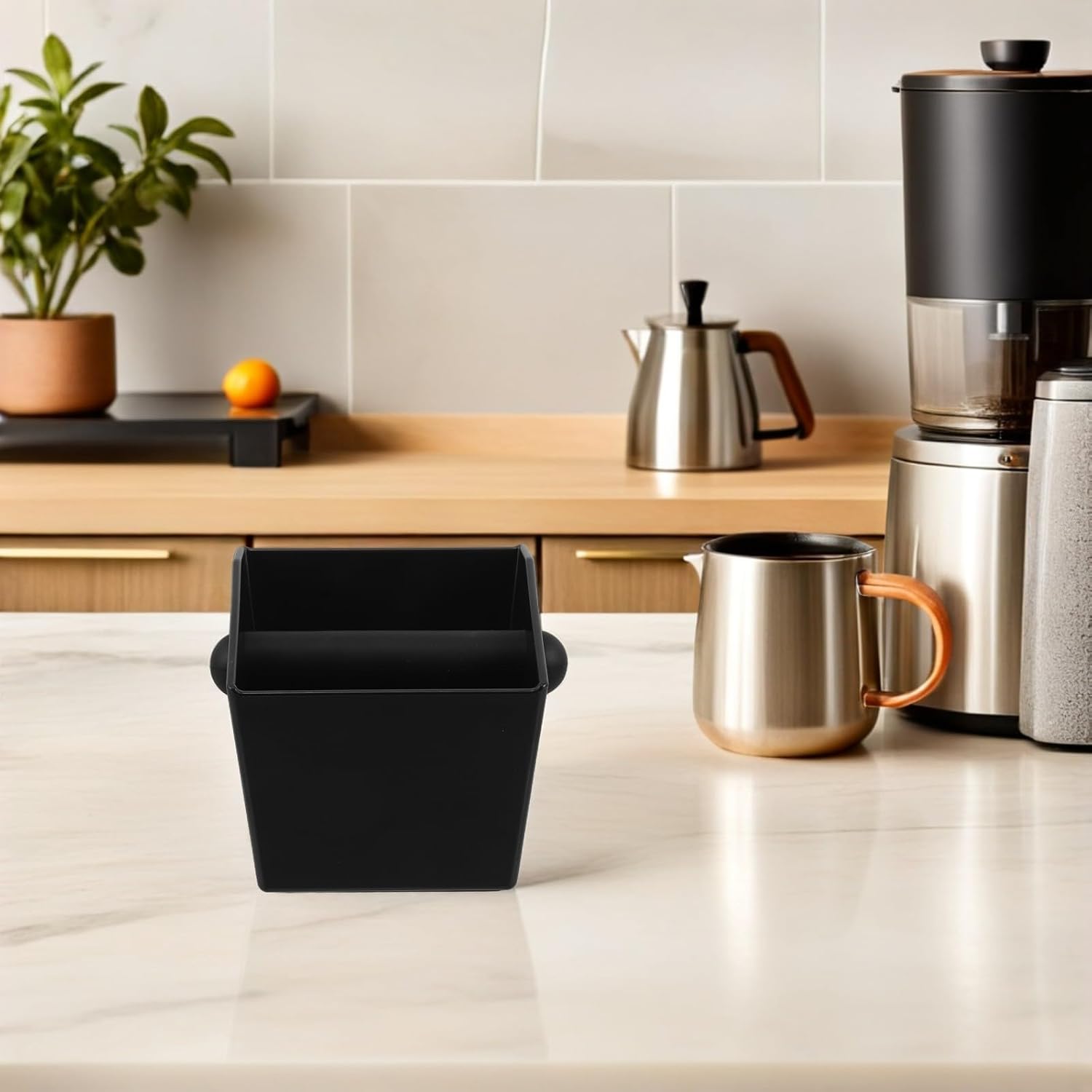 Square Coffee Knock Box for Espresso Grounds with Removable Knocking Bar, Large Capacity Black Abs and Silicone Container for Home Kitchens and Cafes