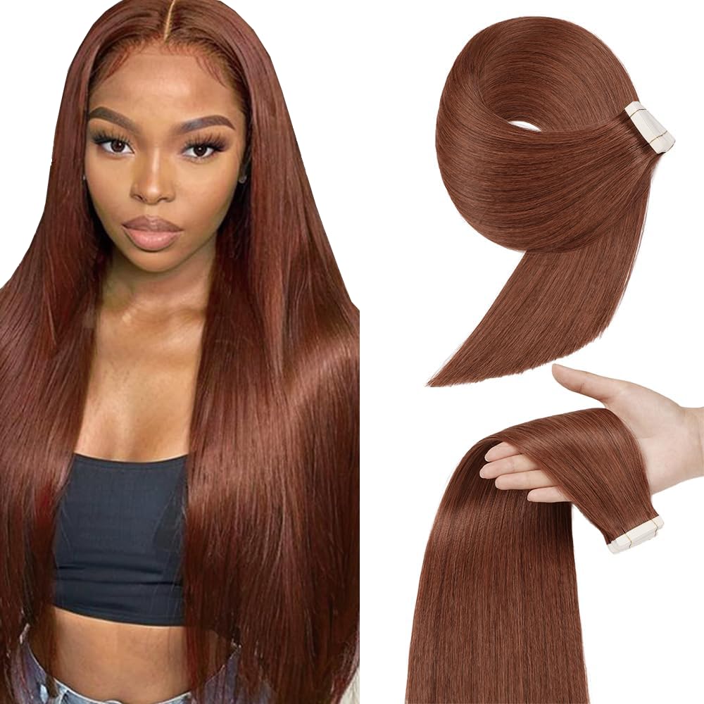 Photo 1 of #33 Auburn Brown Tape in Hair Extensions Human Hair,Copper Red Straight Remy Human Hair Extensions,20 Inch 45g 10 Pcs,Skin Weft Seamless Invisible, Silky Straight with Thick Ends, Remy Human Hair