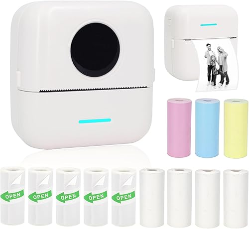 Mini impresora portátil, impresora adhesiva sin tinta con 12 rollos de papel, mini impresora térmica para notas, fotos, etiquetas, recibos,