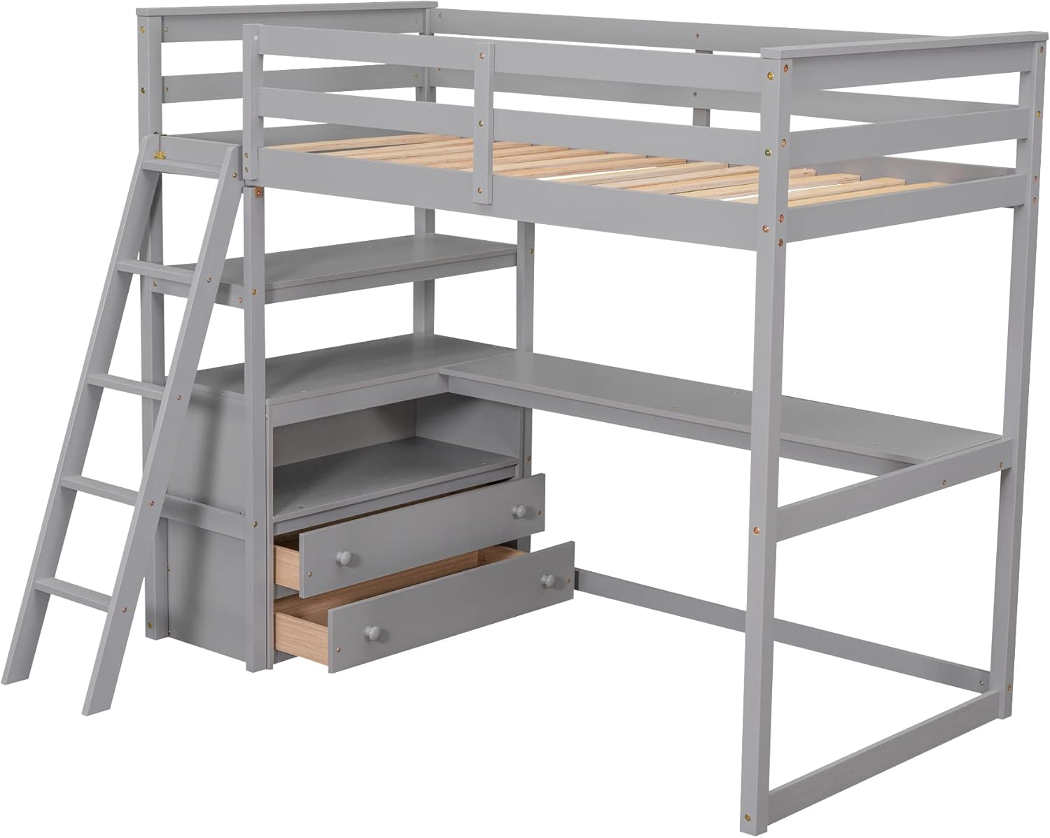 Harper & Bright Designs Twin Size Loft Bed with Desk and Shelves, Wooden Loft Bed Frame with Two Storage Drawers, Multifunctional Loft Bed Twin for Kids and Teens, No Box Spring Needed (Grey)