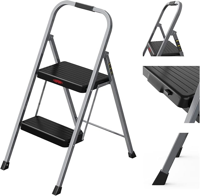 DuPont 2 Step Ladder,Folding Step Stool widen Anti-Slip Pedal and Rubber Feet ,330lbs load bearing Lightweight Portable iron Step Ladder (2 step, Grey)