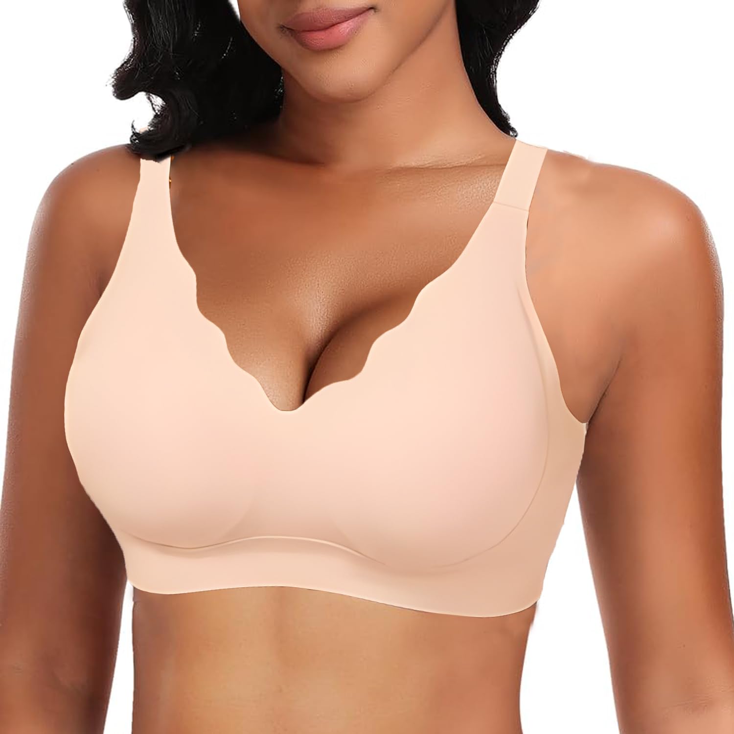 Seamless Bras for Women, Comfort No Underwire Scalloped Push Up Bras V Neck Wireless Full Coverage Everyday Bra