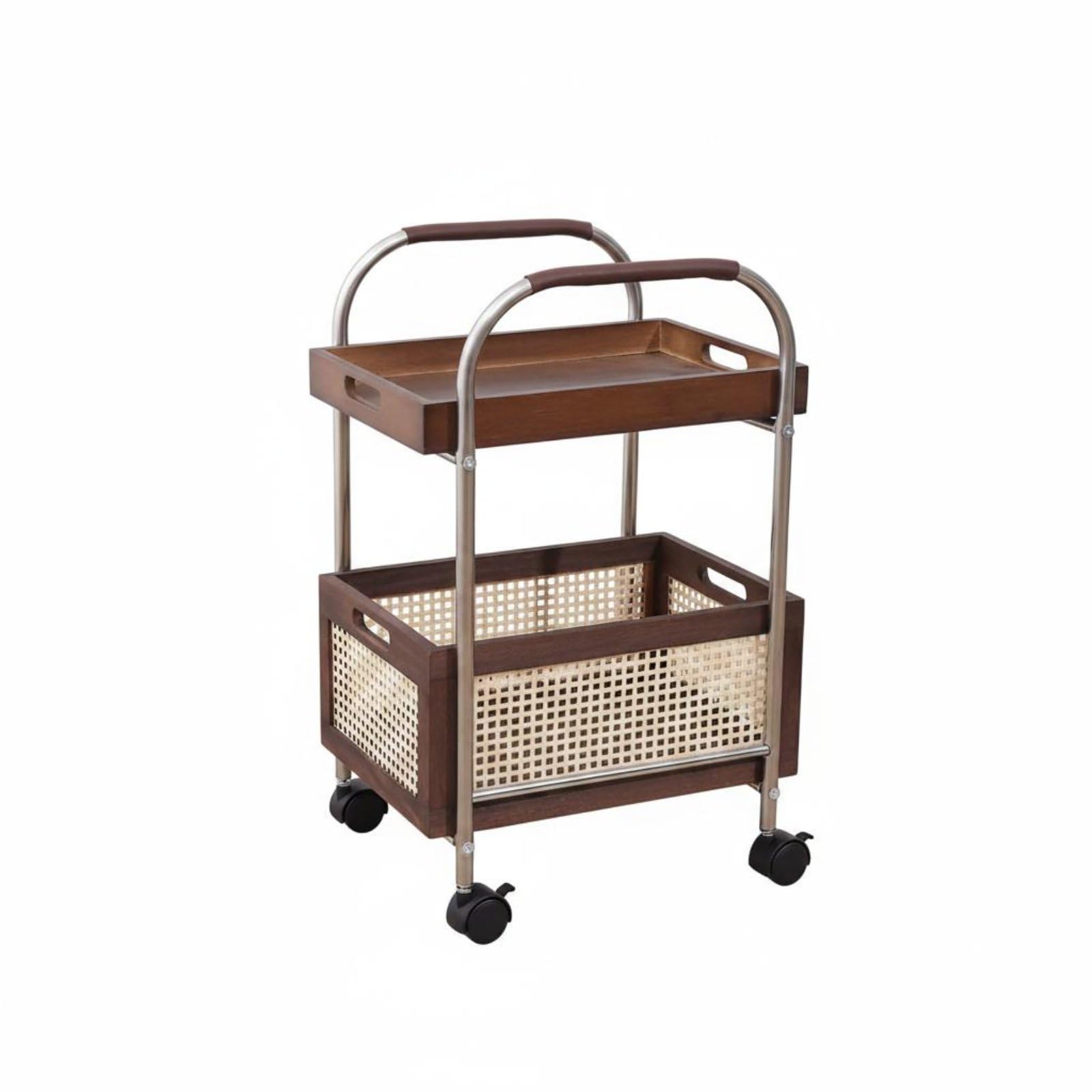 Carro de Almacenamiento Multiusos Carrito de Servicio Rodante Estantería Auxiliar Organizador de Dos Niveles con Acero y Madera y de Ratán Movilidad, Walnut, Brown Tray