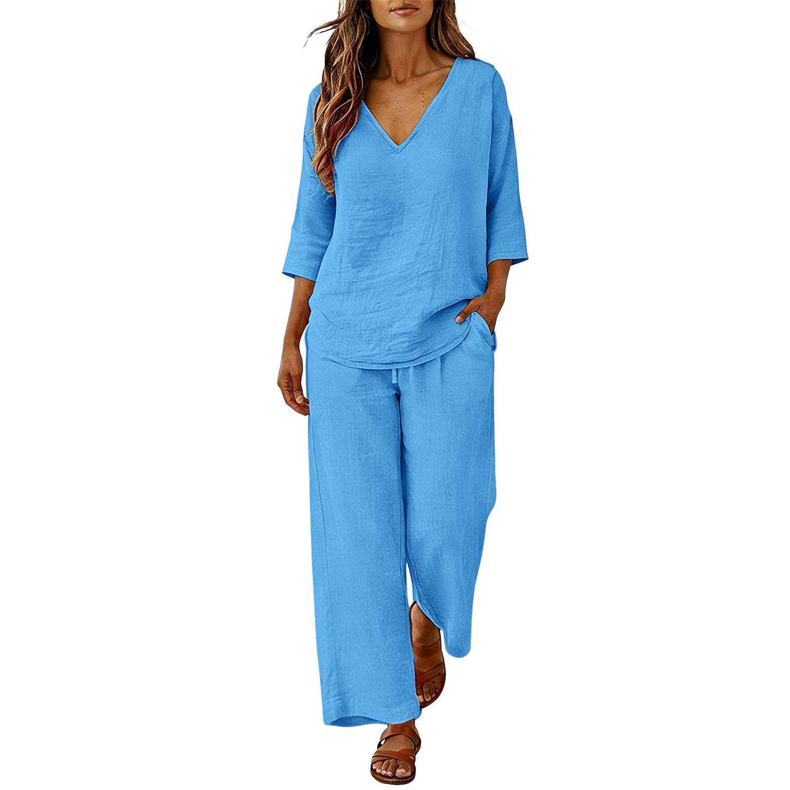 Completo Coordinato Donna, Maglia Scollo a V Maniche Tre Quarti, Pantaloni a Gamba Larga con Coulisse e Tasche Laterali, Abbigliamento Vacanza Estiva Comodo Quotidiano