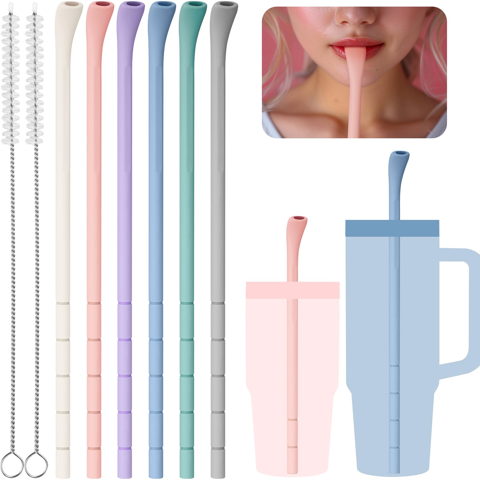 NiHome pack of 6 macaron colored silicone anti-wrinkle straws
