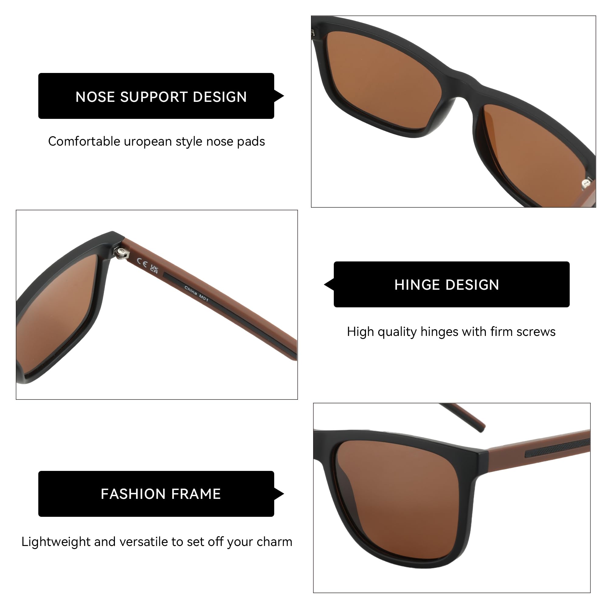 Gafas de sol polarizadas para hombre, ligeras, TR90, con marco cuadrado, protección UV400, C03 Marco Negro Lente Marrón, M 4