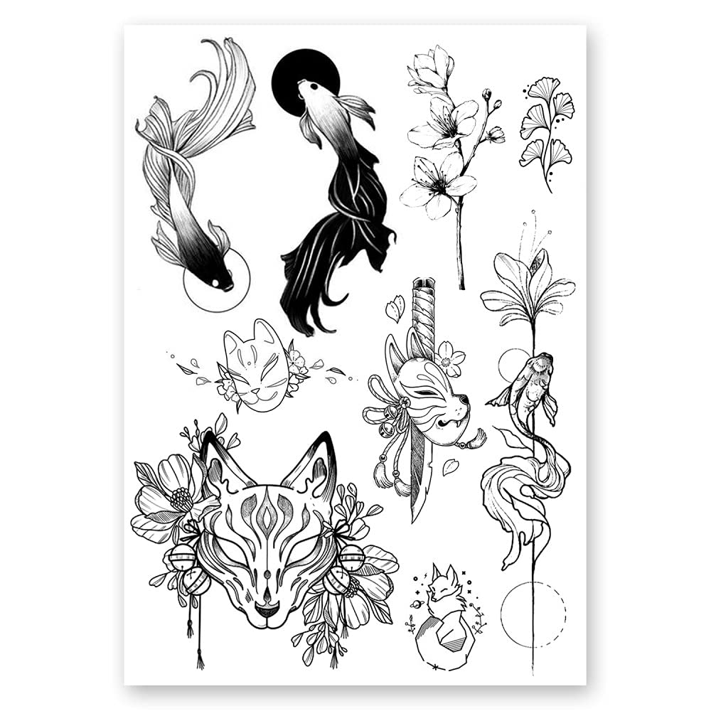 AWAKEN Tatuaggi Finti Temporanei Juice Tattoo Semi Permanente Adesivi Temporary Tattoo Impermeabile a base Vegetale dura 1-2 Settimane Pacco da 3 fogli Design Stile Giapponese Japan (Pacco 2)