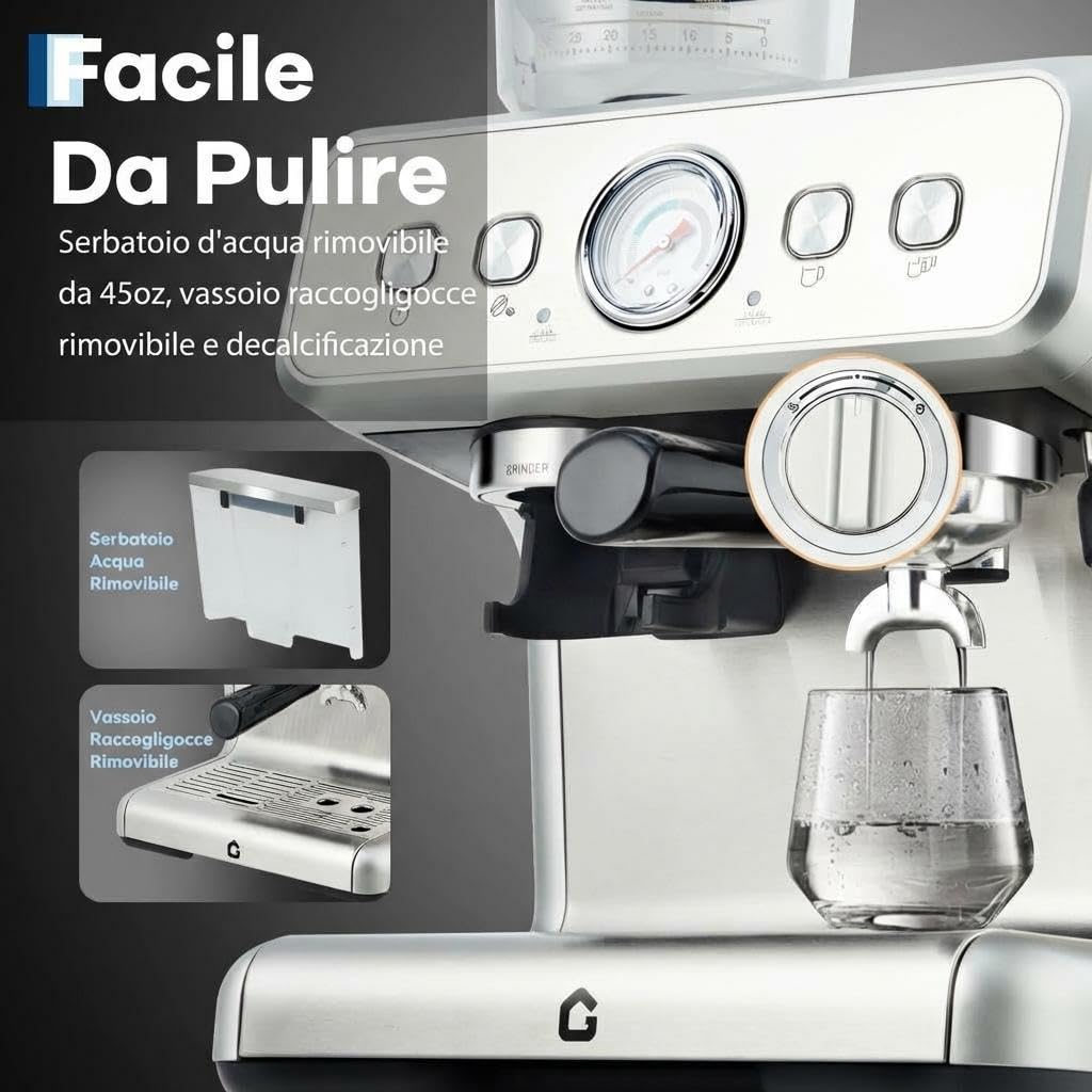 Macchina da caffè espresso semiautomatica con macinacaffè integrato - 20 bar di pressione - 30 livelli di macinatura - serbatoio 2,8L - montalatte a vapore per cappuccino e latte - acciaio