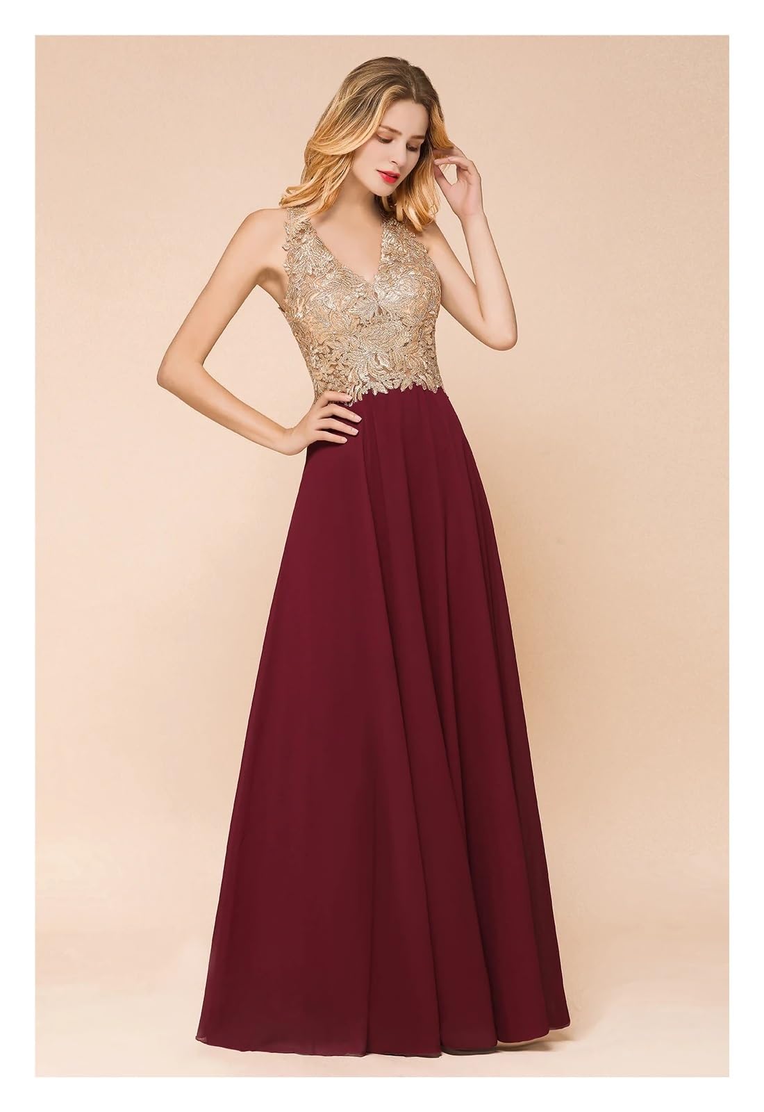Brautjungfernkleider Goldfarbene Spitzenapplikationen in A-Linie Chiffon-Brautjungfernkleider mit V-Ausschnitt, lange, elegante Hochzeitsfeier-Abschlussballkleider Brautjungfernkleider Party Ballkleid