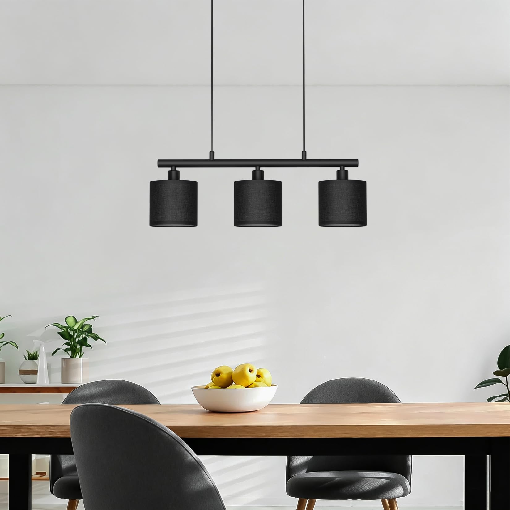 Klighten Lampada a Sospensione 3 Luci E14, Nero, Lampadina non Inclusa | Cilindro Paralume Tessuto, Altezza Regolabile, Lampadario a Sospensione Moderno per Soggiorno Cucina Tavolo da Pranzo