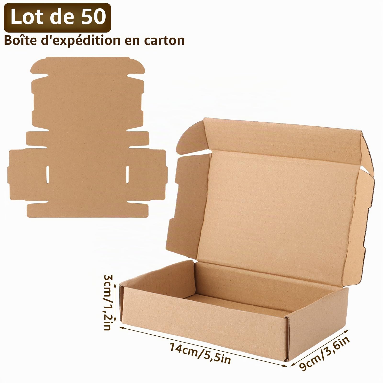 50 Pièces Boîtes d'expédition en carton ondulé, 14 x 9 x 3 cm, boite carton, carton emballage colis, Boîtes d'expédition plates, pour Emballage, Mailing, Business