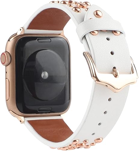 Vista 12 de Correas de cuero con tachuelas compatibles con Apple Watch, correa de repuesto para iWatch Series 10 9 8 7 6 5 4 3 2 1 SE Ultra Negro/plateado