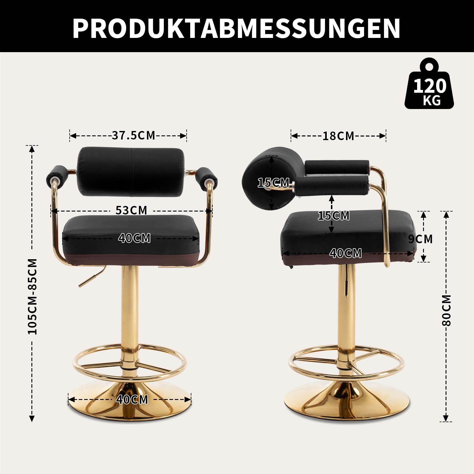 Vigosit Taburete de Bar con Altura Ajustable, con Respaldo y reposabrazos, Giratorio 360° para Cocina, Acolchado con Asiento Grande（ 1 Pieza）