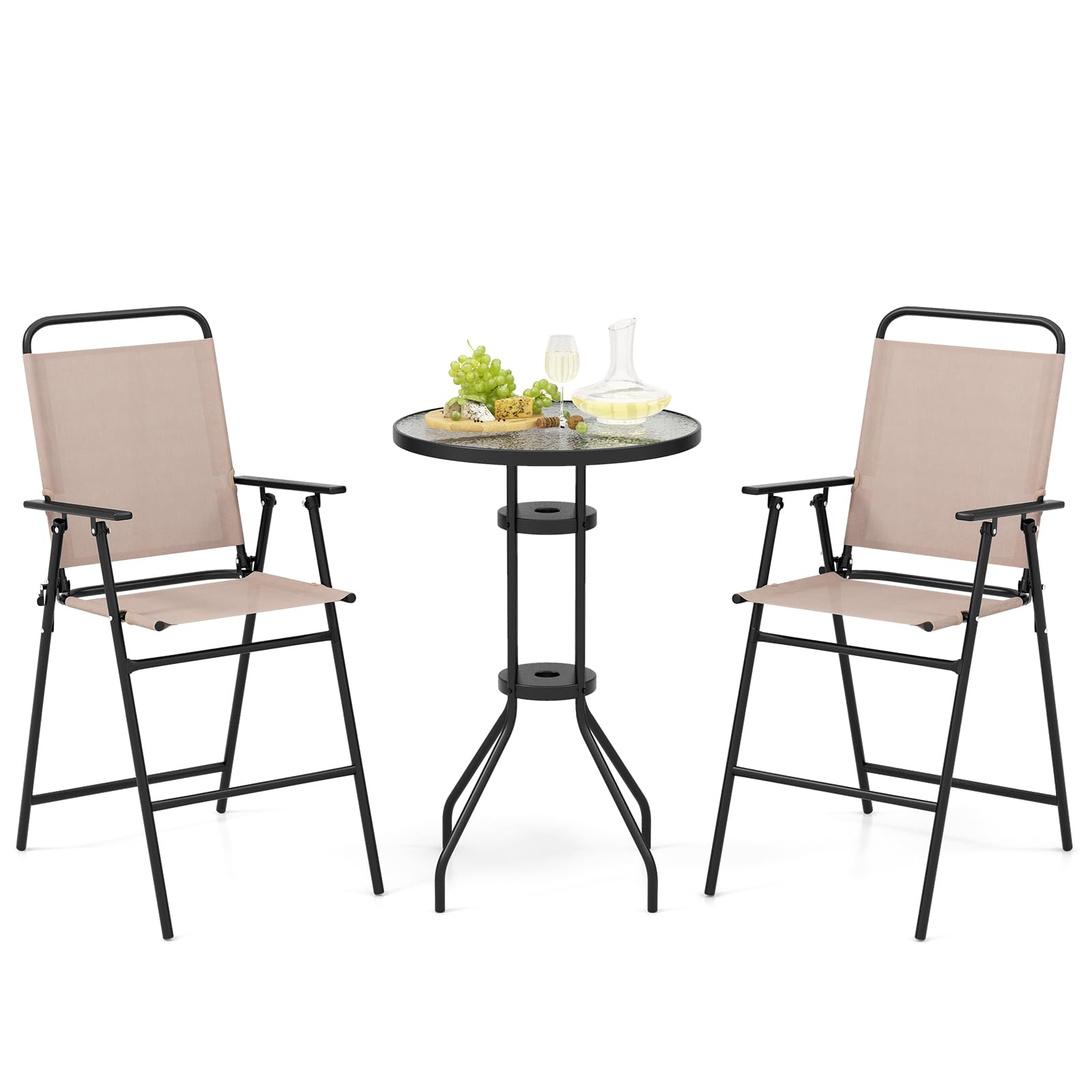 COSTWAY 3/4 Piece Folding Patio Bistro Set, Outdoor Dining Furniture with 2 Chairs, 1 Tampered Glass Table and Umbrella Hole, Conversation Set for Garden Balcony Deck Poolside (Without Parasol)