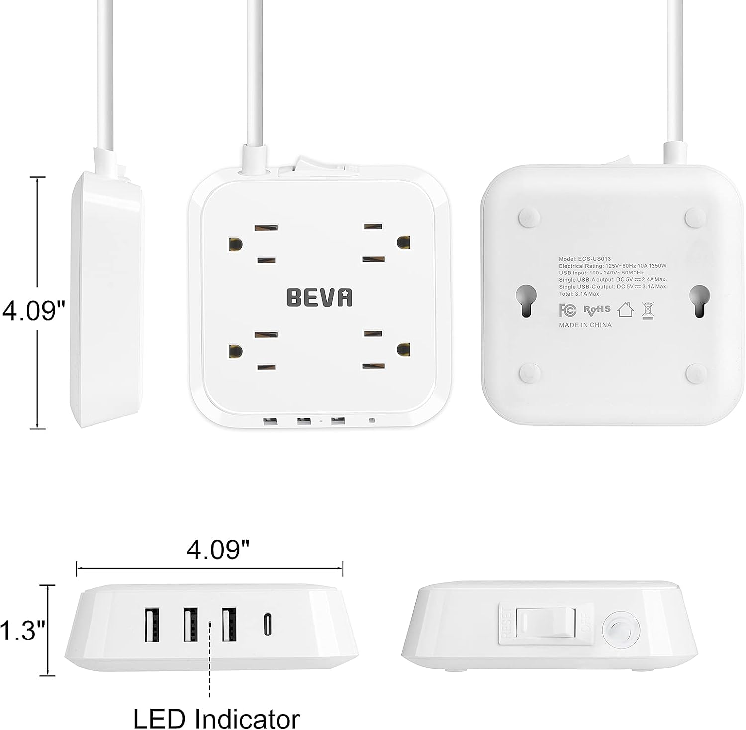 BEVA Surge Protector Power Strip with USB-C, 4 Outlets & 4 USB Ports - 5 FT Extension Cord, Mountable for College Dorm Room Essentials