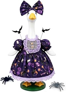 Halloween Porch Goose Outfit Purple Cat Dress Fits 23" Geese Statue | Purple lace goose costume with bat & spider accessories, halloween fall outdoor yard decor for cement/plastic statue.