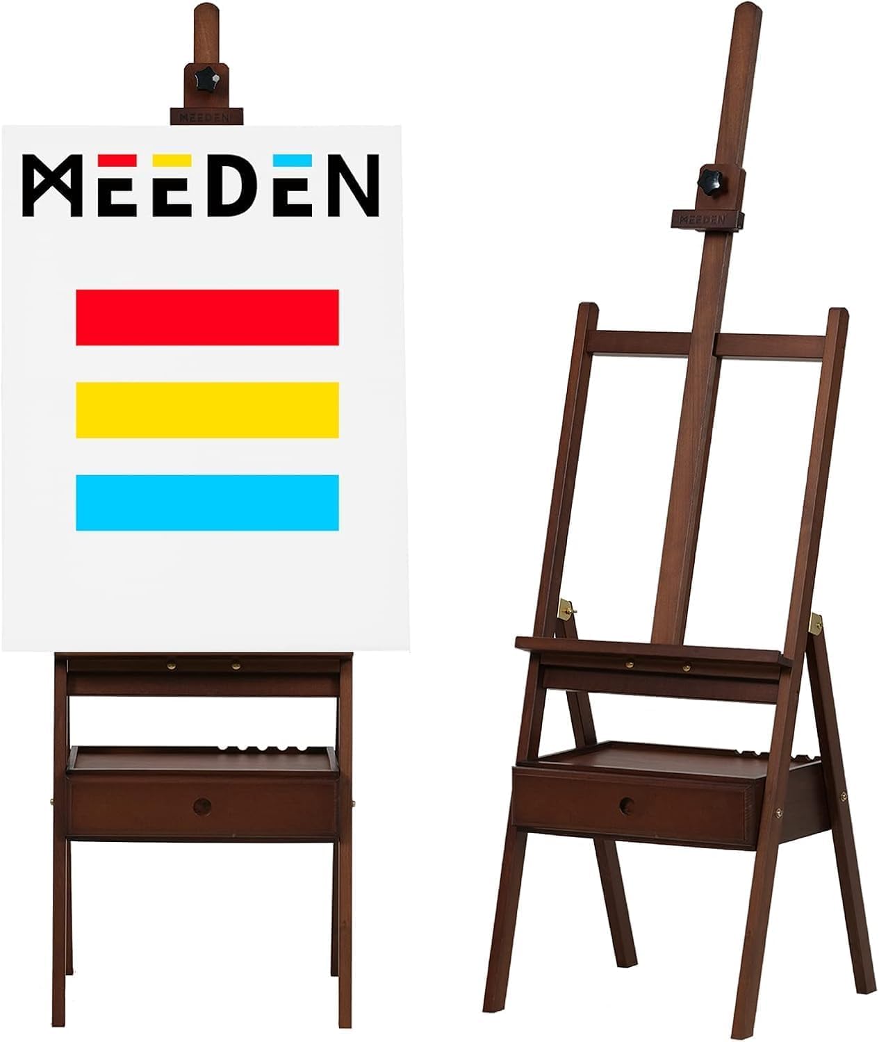 MEEDEN Chevalet de Peinture en Bois avec Tiroir de Rangement : Chevalet de Studio en H Réglable en Hêtre, Grand Support de Peinture Pliable – Adapté aux Toiles jusqu'à 91 cm, Noyer clair
