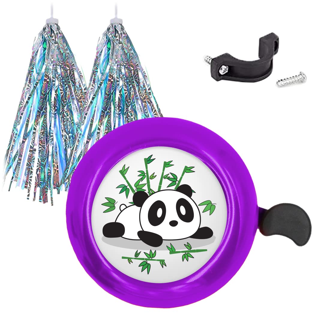 Panda Bike Bells with Bike Tassel Kawaii Panda Bicycle Bell with Bike Streamers Bike Accessories for Kids Girls Boys Purple