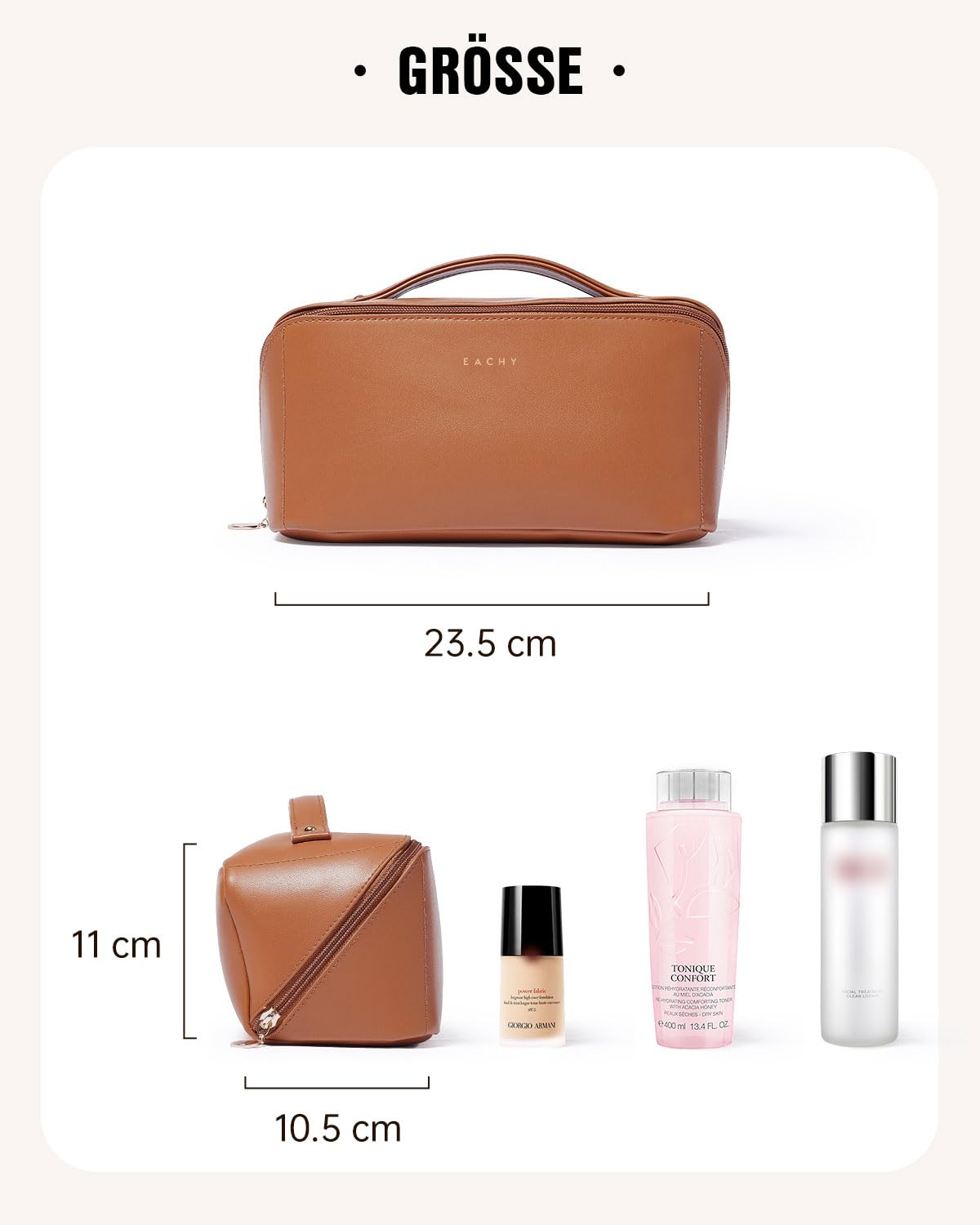 EACHY Kosmetiktasche Damen, PU-Leder Make up Tasche mit Transparenten Trennern, wasserdichte Reise Schminktasche mit Griff, Luxus Kulturbeutel für Frauen oder Geschenkidee (Brown, Mittelgröße)