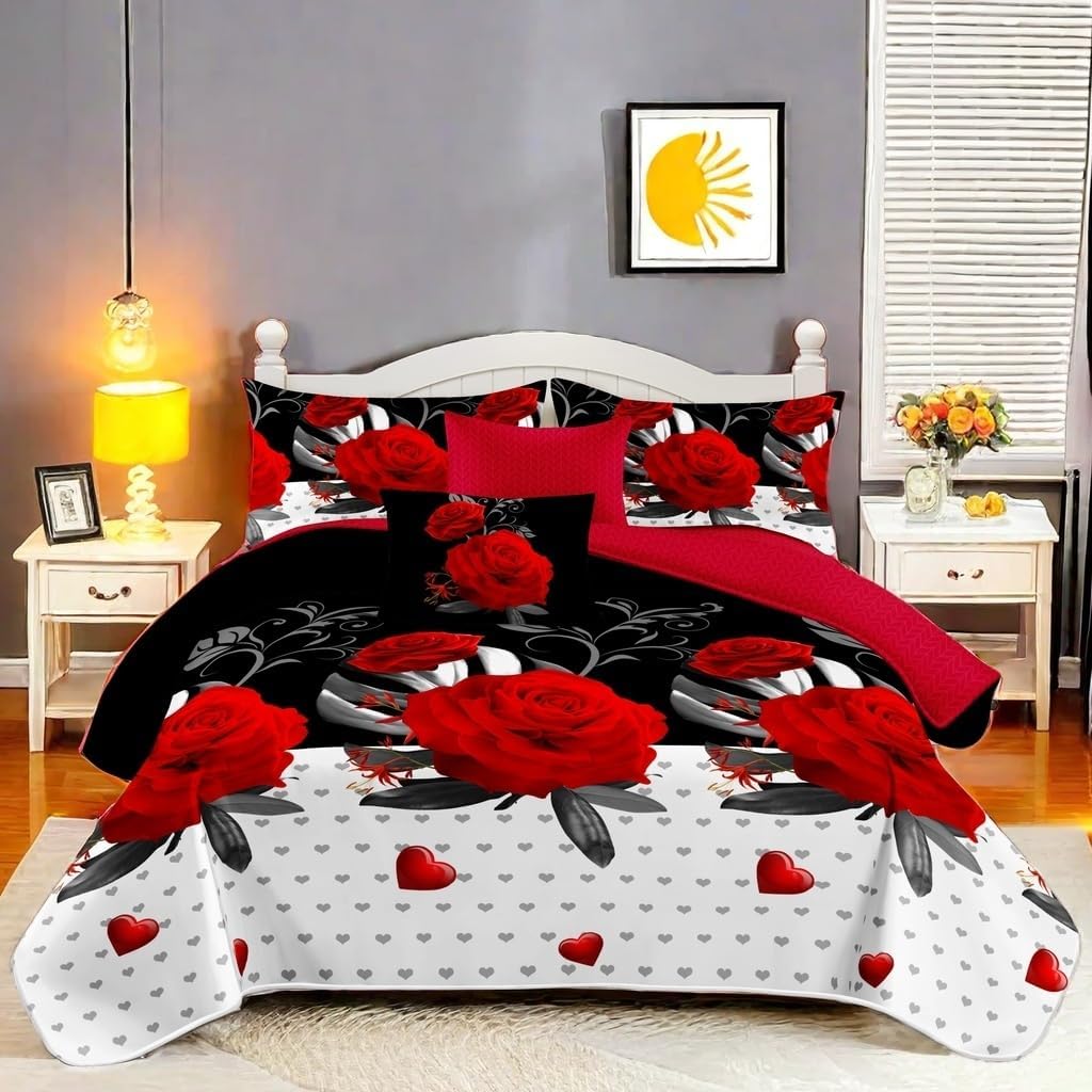 Elegant Red Rose Floral Cal King Comforter Set, Luxury 9-Piece Bed in a Bag Cal King Bedspread with Matching Curtains, Ultra Soft & Breathable Botanical Bedding, All-Season Decor for Master Suite