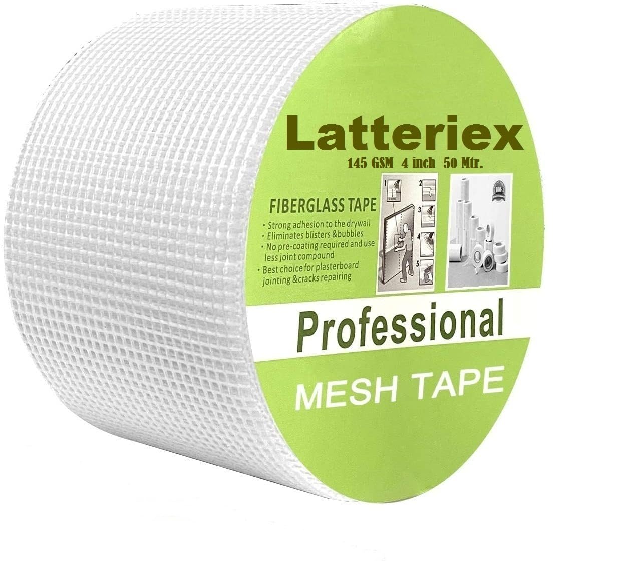 latteriex 4 inch x 50 meter glass fiber mesh drywall joint tape – 145 gsm crack repair tape for wall, ceiling, floor & partition joints | waterproof, easy application plastering mesh tape roll