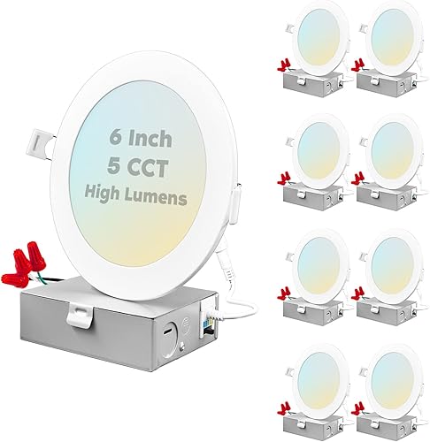 LUXRITE Luz empotrable LED ultrafina de 6 pulgadas con caja J, 15 W, 5 colores seleccionables 2700K-5000K, 1400 lúmenes, luces LED de oblea