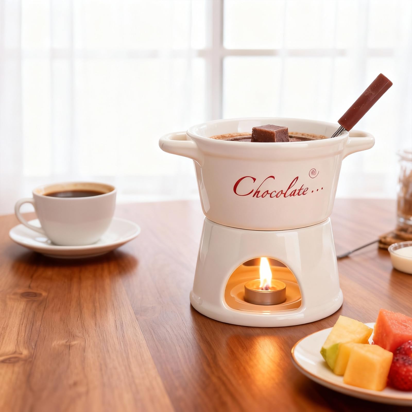 Juego de Fondue de Chocolate de cerámica con Tenedor - Mini Olla de Porcelana de 300 ml para Fondue de Chocolate Queso y Mantequilla, Ideal para el Invierno San Valentín el hogar y la Cocina
