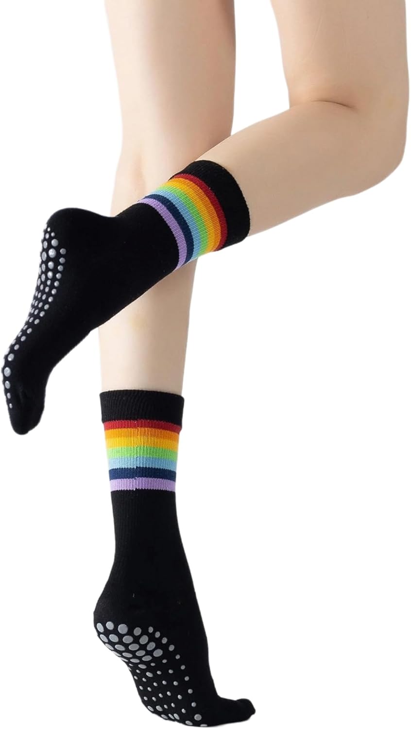 Yoga Pilates Socks with Grips for Women Striped Cushioned Non Slip Crew Socks for Barre Ballet Dance