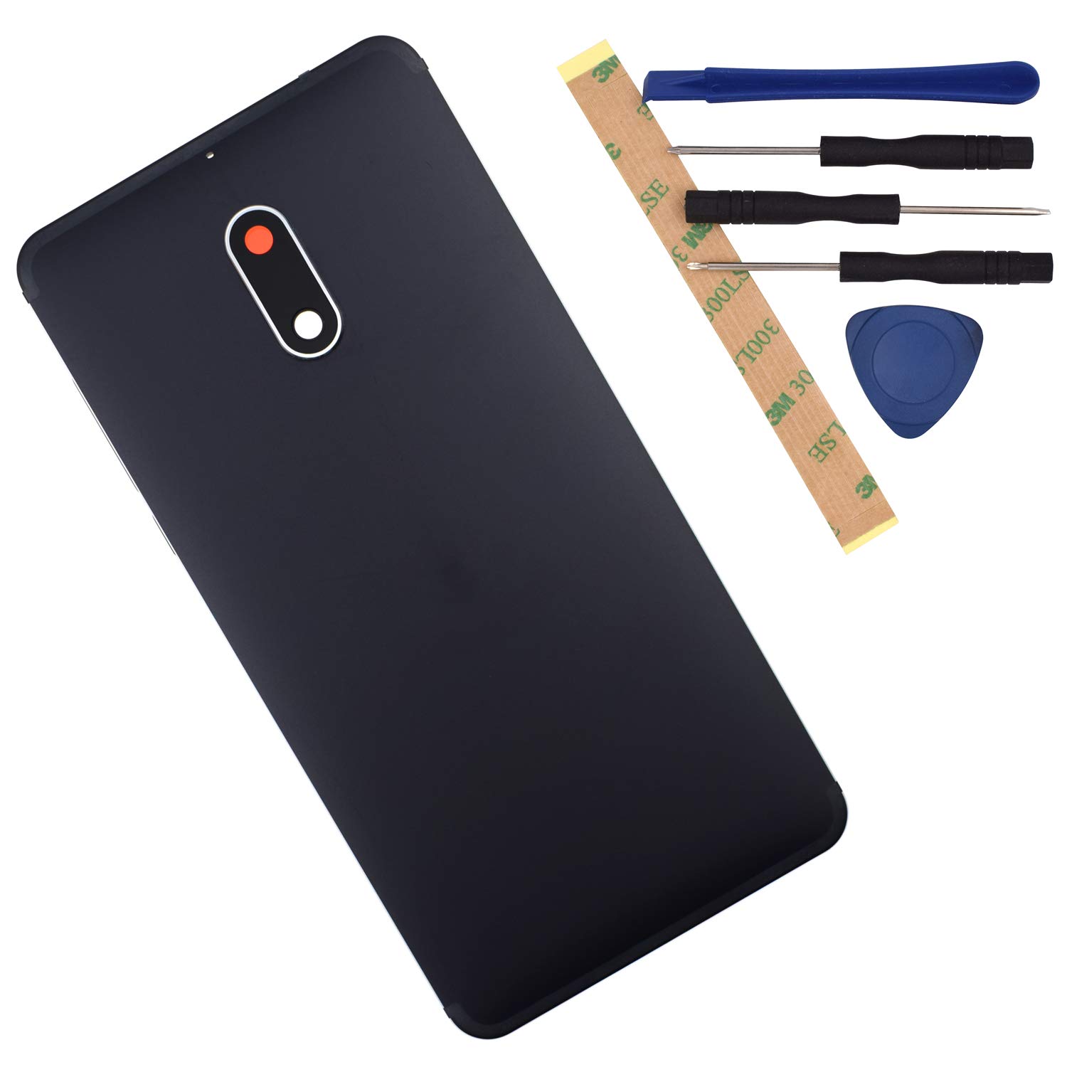 TA-1021 Matte Black Metal Back Cover + Volume Switch Button Flex Cable + Rear Camera Frame + Camera Lens Cover Compatible with Nokia 6