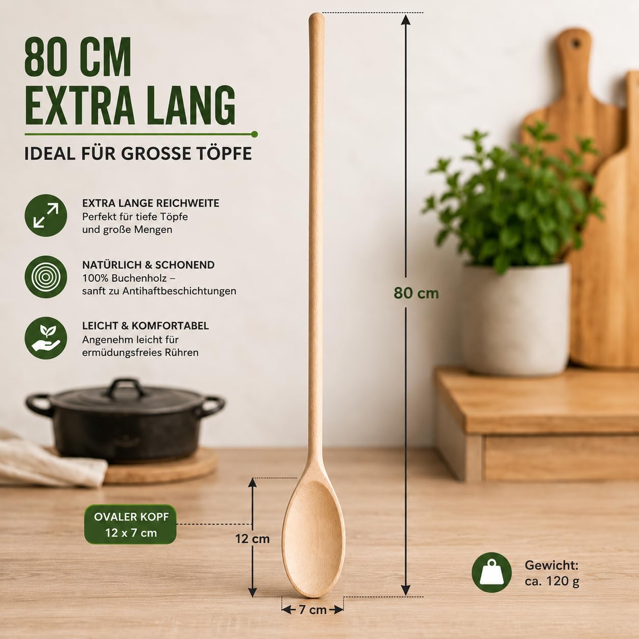 Artículos de cocina de madera de haya, cuchara de cocina extralarga de madera, fabricada en la UE estable y resistente al calor, ideal para cocinas grandes y hogares (1, 80 cm ovalada)