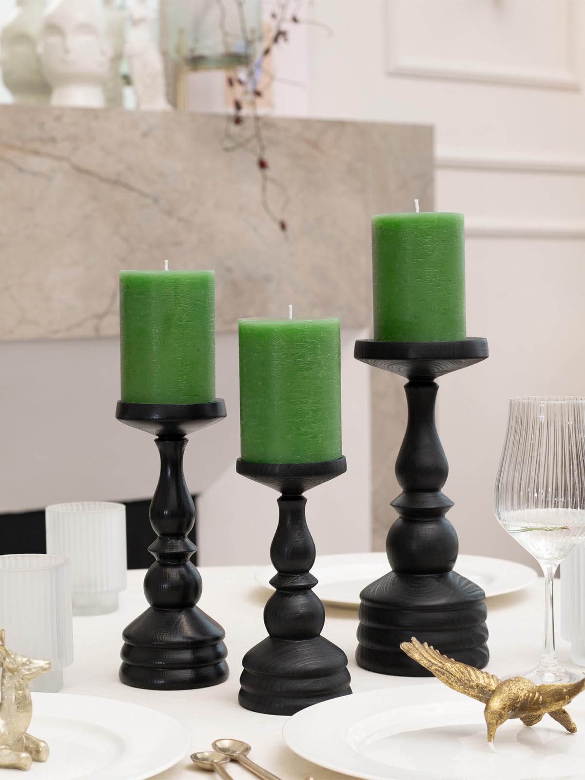 CANDWAX Zestaw 3 świec kolumnowych 10 cm, w pełni kolorowe, bez kapania i bezzapachowych świec - duże świece do wnętrza domu, zielone świece
