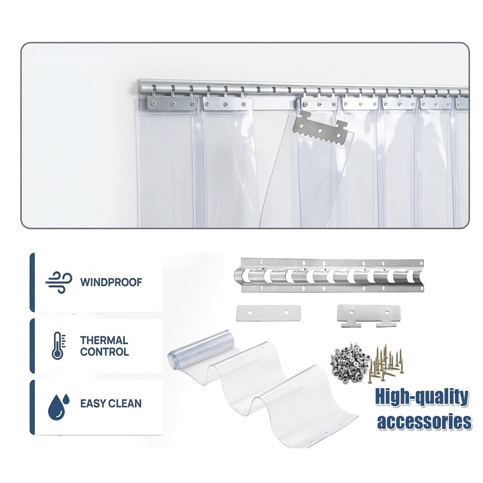 Kit de rideaux en PVC de 1,7 mm pour porte en plastique robuste pour glacières, congélateurs, entrepôts et ateliers - 210 x 300 cm (l x H)
