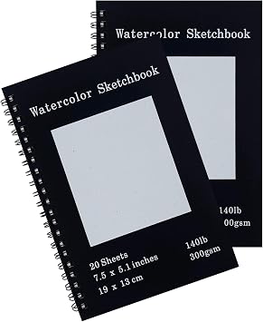 Set of 2, Each with 20 Sheets, 7.5 x 5.1 Inches, 140 lb Cold Press Watercolor Paper, 1150 GSM Black Hard Cover, Spiral Bound, White Pages for Drawing and Painting