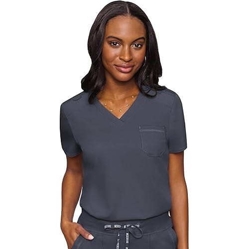 Med Couture Women's V-Neck Scrub Top, Modern Fit Tuck-in Top with Stretchy Rib-Knit Shoulders and Chest Pocket - MC7448