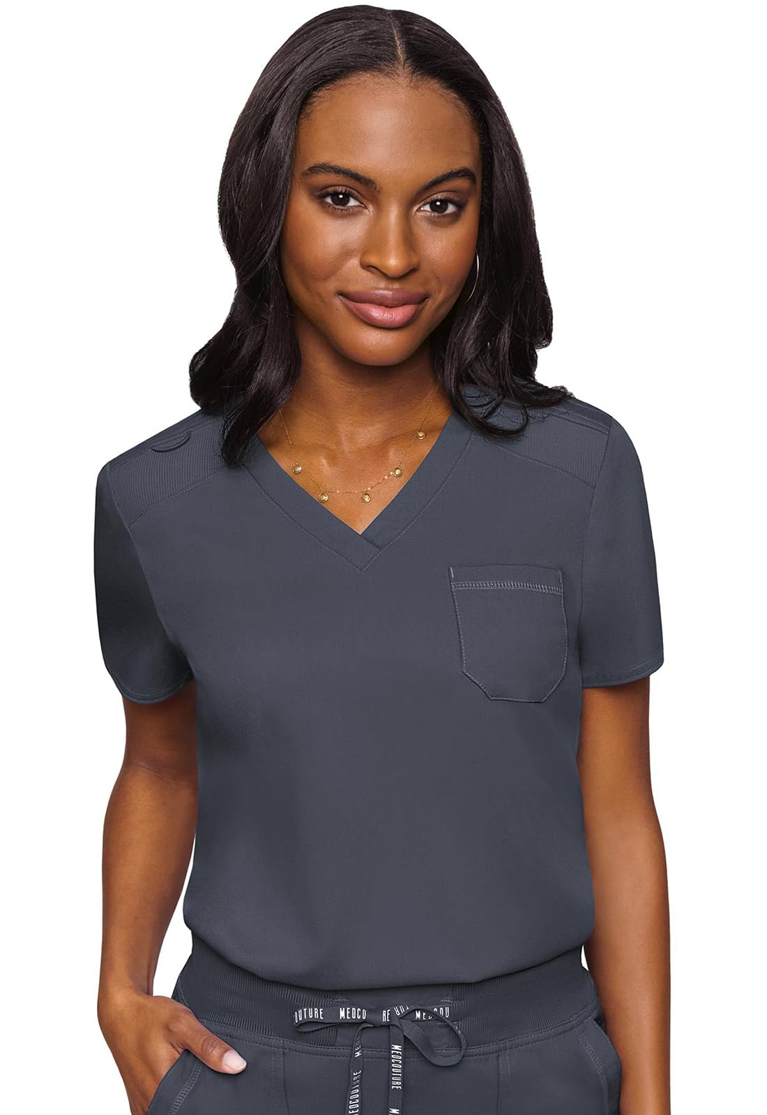 Med Couture Women's V-Neck Scrub Top, Modern Fit Tuck-in Top with Stretchy Rib-Knit Shoulders and Chest Pocket - MC7448