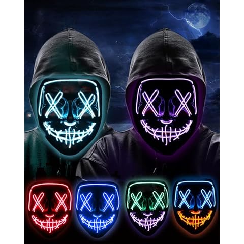2 Packs Led Light Up Halloween Cosplay Face Mask, Glow Purge Neon Adults Scary Masked Women & Men Masquerade Party Costumes Accessories Cold Light Blue & Purple Cover