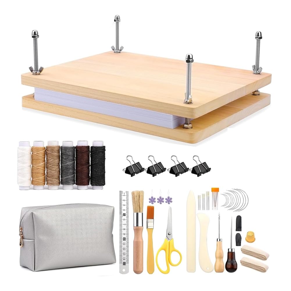 Kits de Encuadernación, Prensa de Libros de Madera, Materiales de Encuadernación para Bricolaje, Punzón, Hilo Encerado, Carpeta de Hueso.