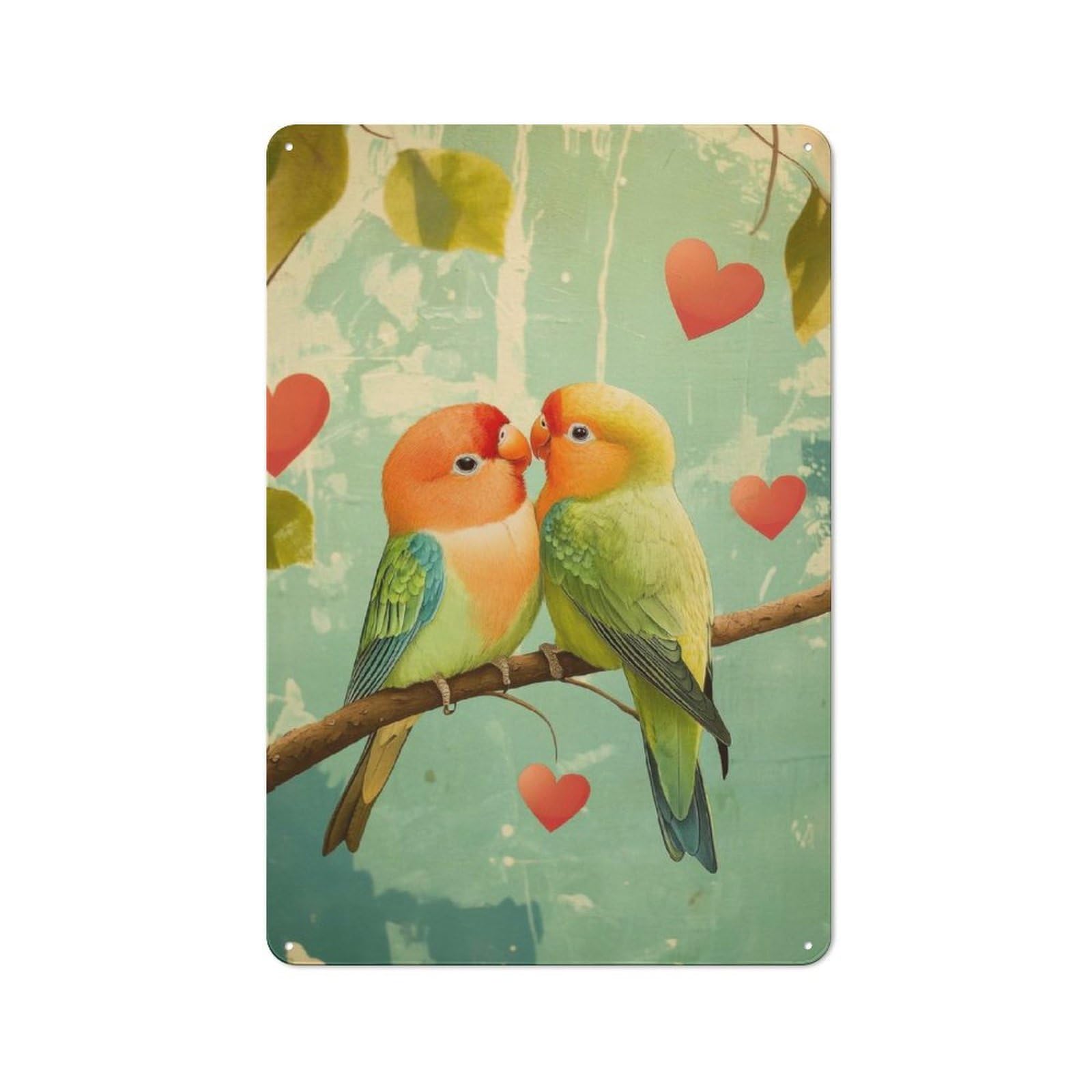 Junmoney Lovebirds On Branch With Hearts Decorative Metal Wall Decor 30X20cm, Vintage Metal Sign For Hallway, Home Bar, Garage Or Study