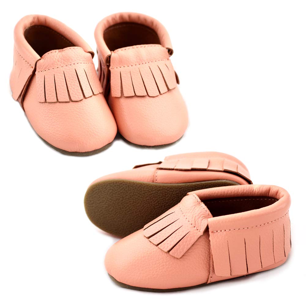 Toddler Moccasins Slippers Girls Boys Leather Hard Sole Rubber Soles Baby Slippers Shoes (6, Blush Pink)
