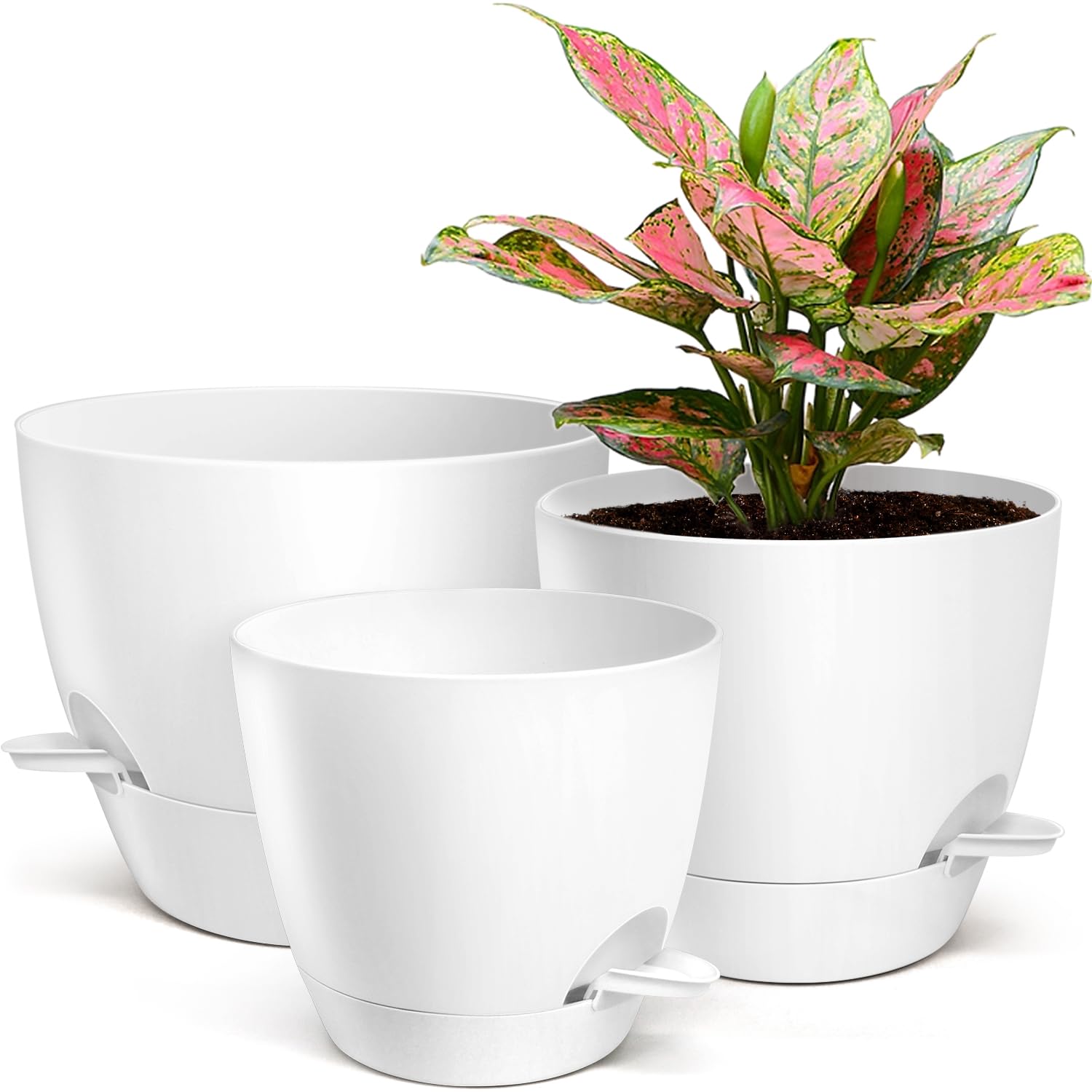 KiKiHeim10/9/8 Inch Self Watering Plant Pots Set of 3, Plastic Planters with Drainage Holes and Deep Reservoir for Indoor Outdoor, White