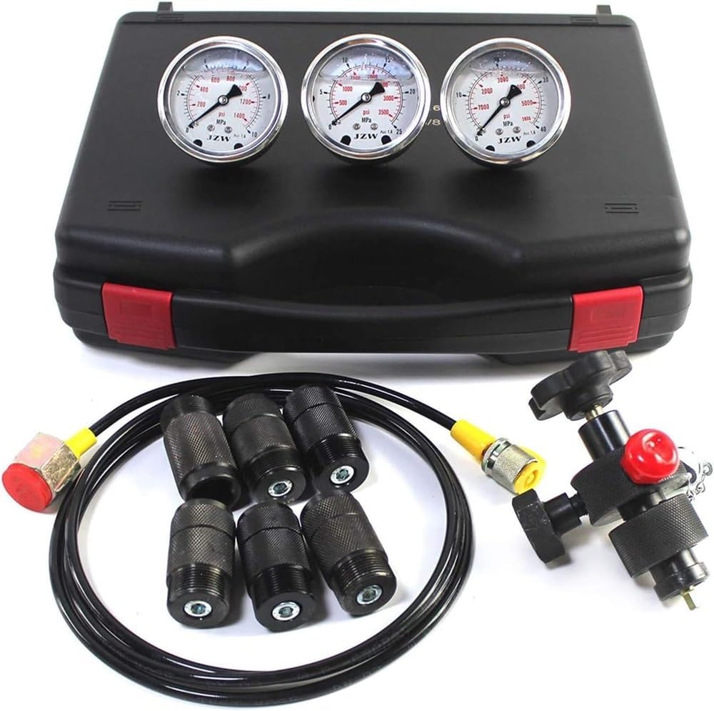 Kit De Prueba De Presión De Nitrógeno, Herramienta De Diagnóstico del Manómetro del Sistema De Carga del Acumulador De Nitrógeno Hidráulico con 3 Manómetros, 7 Acoplamientos Y 1 Manguera De Gas