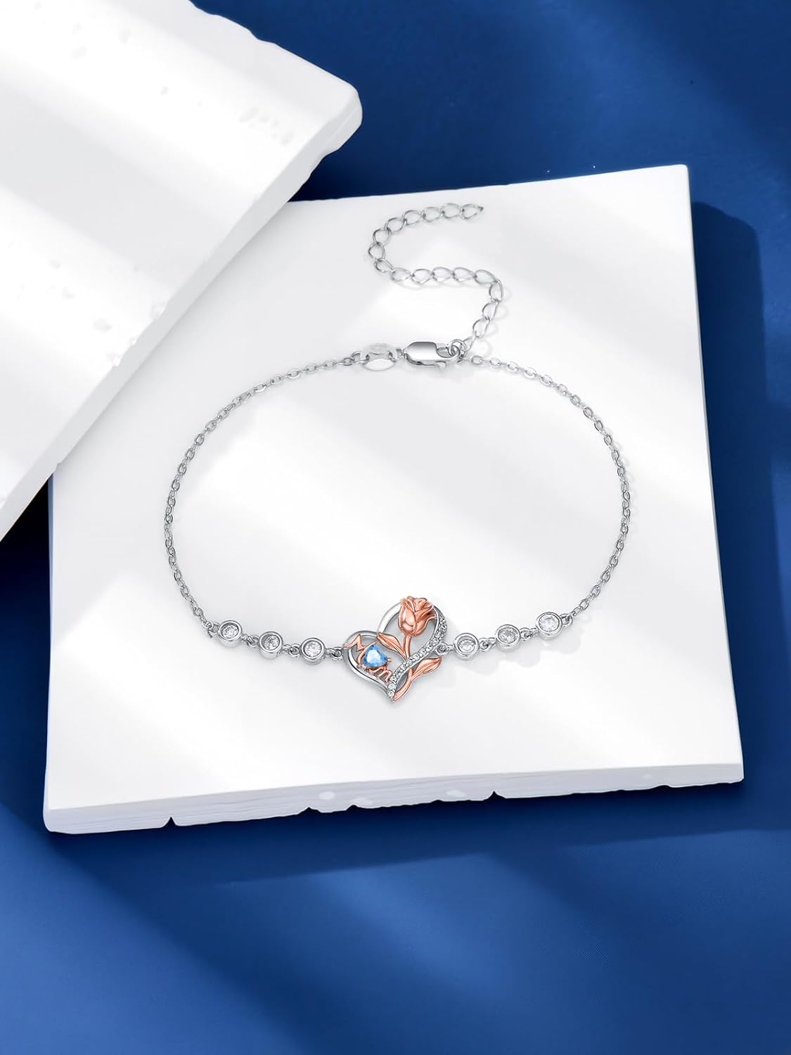 Mom Birthstone Charm Link Bracelet 925 Sterling Silver Rose Heart Mom Bracelet with 12 Months Birthstone Mother's Day Gift Jewelry Gifts for Women,Chain Length 7"+2" Extend - Image 5