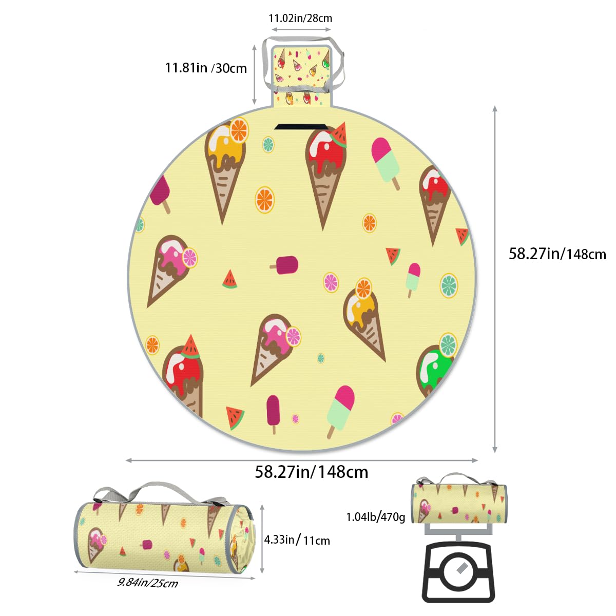 Shimoshe Watermelon Ice Cream Summer Picnic Outdoor Blanket Foldable Waterproof Sandproof Beach Blanket Portable Water-Resistant Round Picnic Mat for Travel Camping Park Lawn