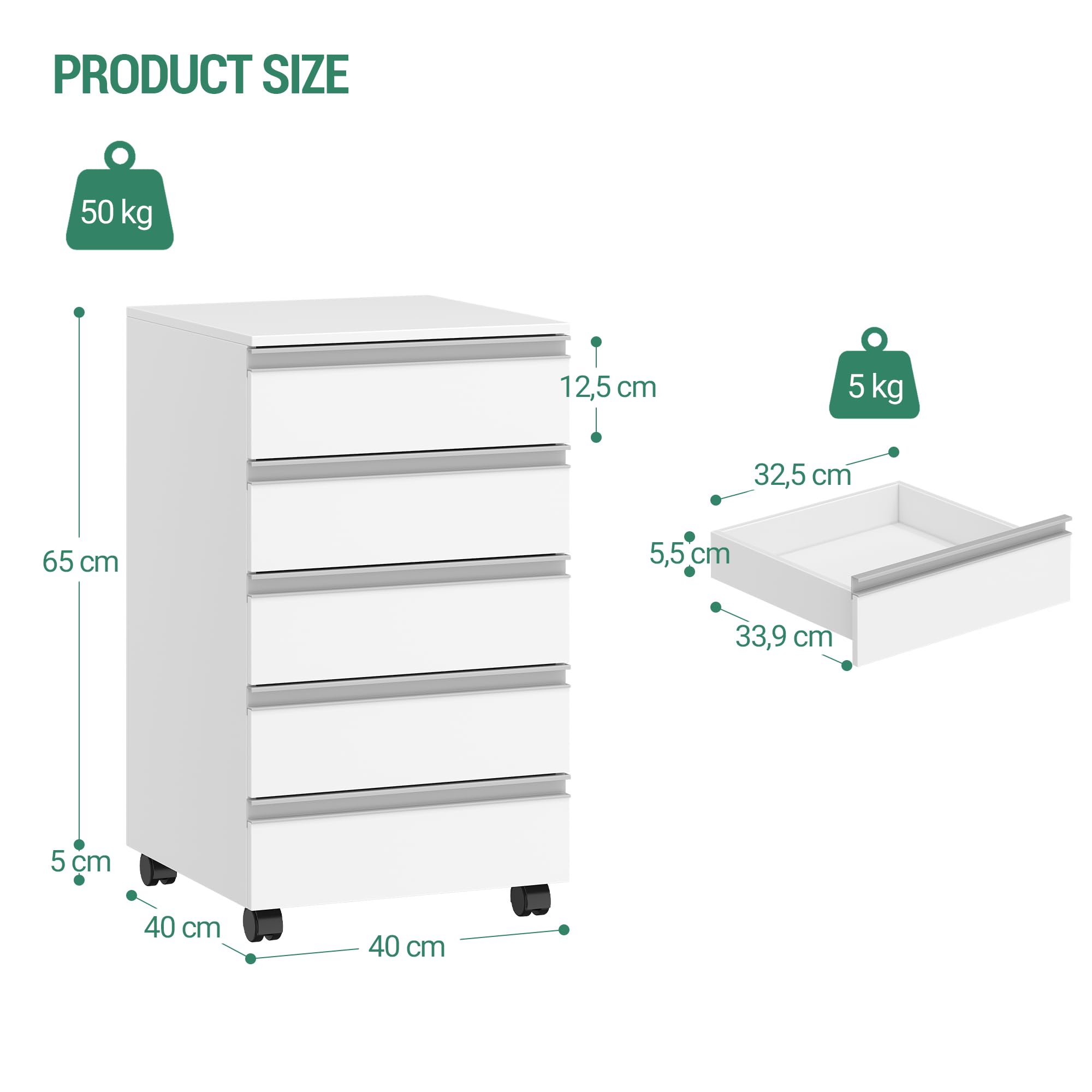 Hzuaneri Rollcontainer, mobiler Aktenschrank, Schubladenschrank mit 5 Schubladen, Lagerschrank für Büro und Homeoffice, Weiß 40 x 40 x 70 cm FC55503X