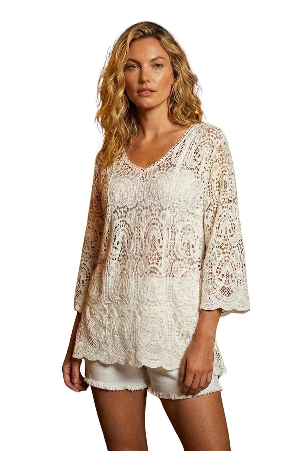 Roman Women's White Cotton Crochet Tunic Top Size 16